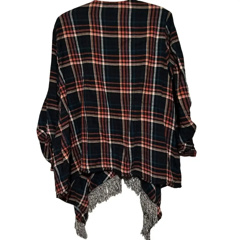 Torrid Women's‎ Flannel Black Rust Plaid Fall Fringe 3/4 Sleeve Wrap Size 2 Med